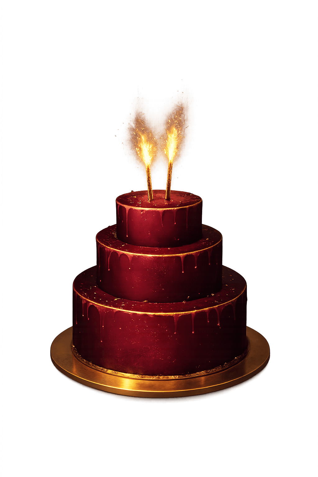 Bolo de aniversário de três andares com velas faiscando